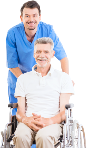 a male caregiver with a disabled man on a wheelchair